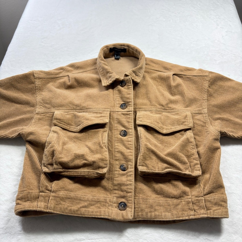 Forever 21 Corduroy Jacket Women Medium Tan Excellent Utility Cropped Shacket